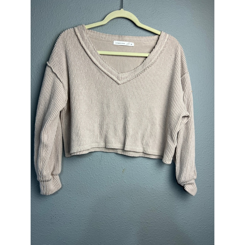 Altar'd State Tan Waffle Knit Cropped Cozy Monochrome VNeck Pullover Top XS L/SL